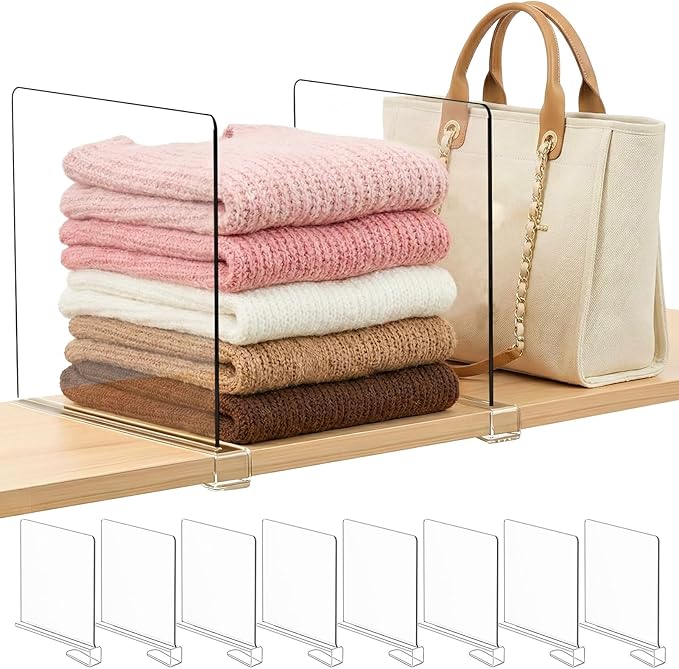 Purse Organizer for Closet Shelf Dividers: 11-inch Tall (Higher Version) Adjustable Clear Acrylic Bag Storage Organizer for Handbags, Sweaters, Towels, Jeans and Shoes on Wood Shelves 8-Pack