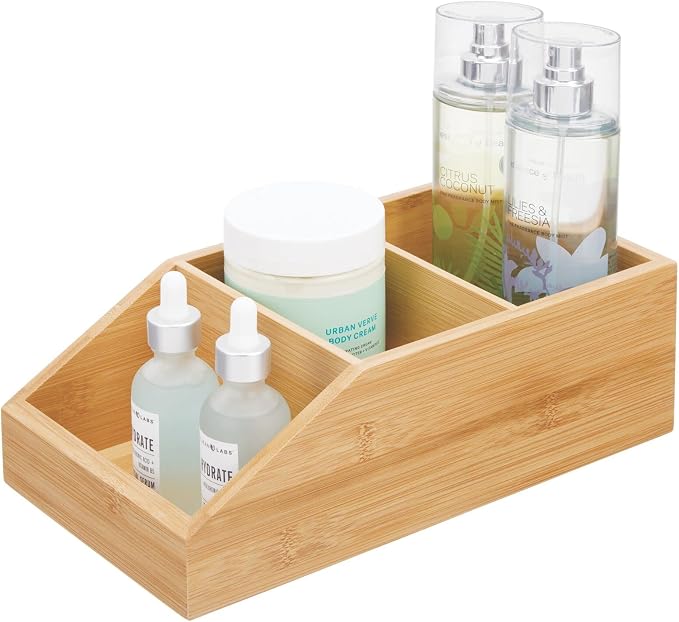 mDesign Bamboo Wood Compact Bathroom Storage Organizer Bin Box - 3 Divided Sections - Cabinets, Shelves, Countertops, Bedroom, Kitchen, Laundry Room, Closet, Garage - Natural/Tan