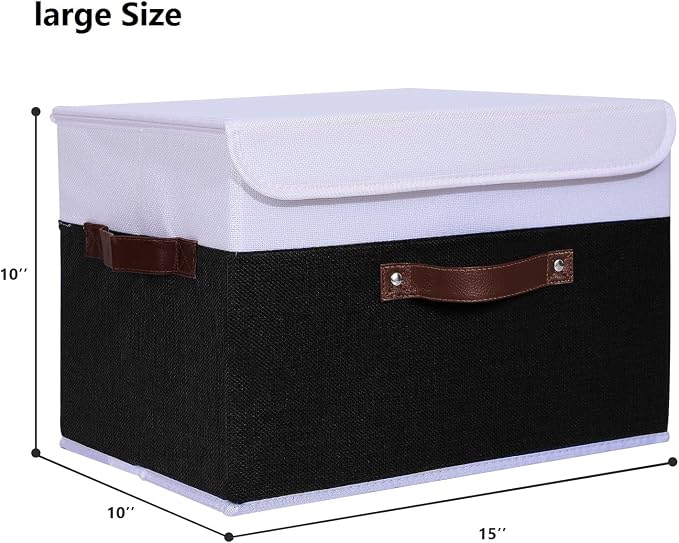 ANMINY 4PCS Storage Boxes with Lid Washable Decorative Storage Bins Basket with PU Leather Handle Foldable Linen Fabric Storage Cubes Containers for Home Closet Organizer - Black White, Large Size