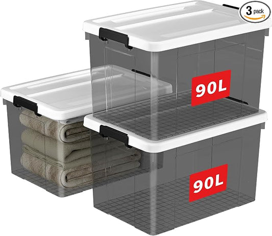 Cetomo Lidded Storage Bin with Handle, Tote Organizing Container with Wheels, Lid and Secure Latching Buckles, Stackable and Nestable, Plastic, 95 Quart-3 Pack, Clear Black