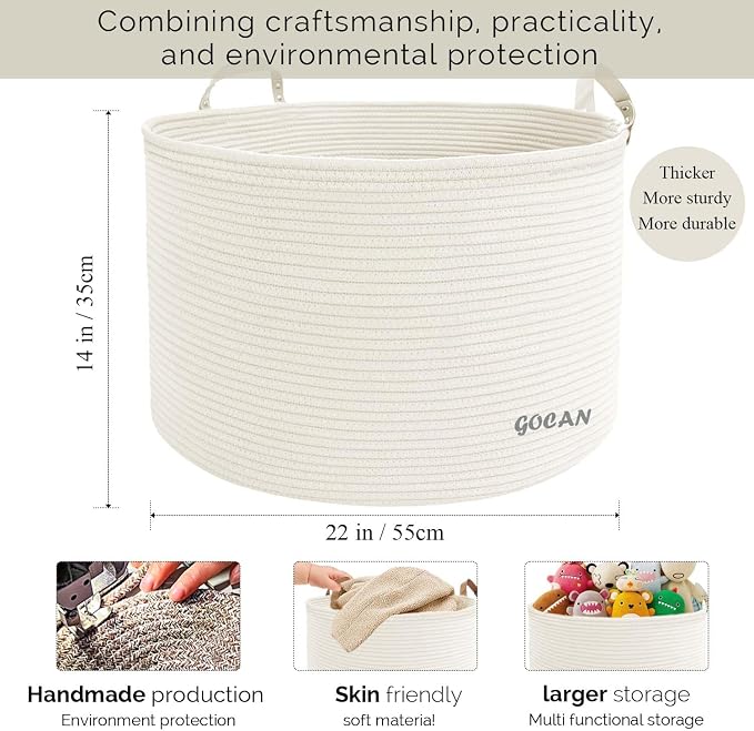 GOCAN Extra Large Storage Laundry Basket 22" X 22"X 14" Cotton Rope Woven Basket for Blanket Basket with Handles for Living Room Toys Storage XXXL (Cream)