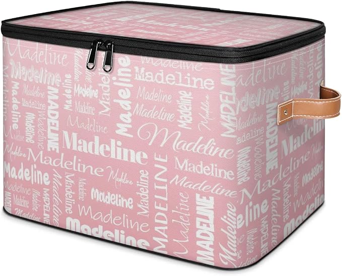 Custom Storage Basket with Name, Personalized Keepsake Box with Zipper Lid, Foldable Fabric Memory Bin Large capacity with Handle Pink