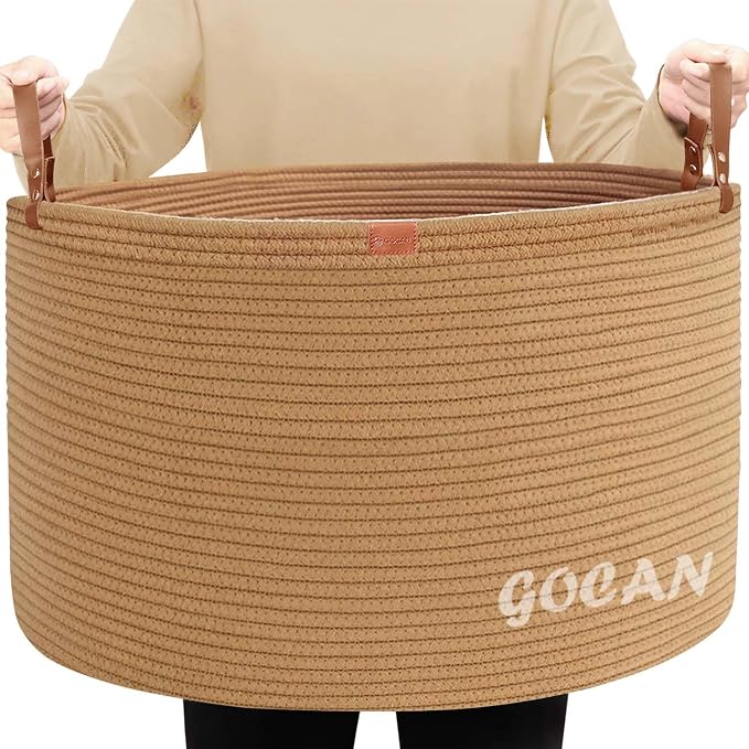 GOCAN Extra Large Storage Laundry Basket 22" X 22"X 14" Cotton Rope Woven Basket for Blanket Basket with Handles for Living Room Toys Storage XXXL (Pure Jute)