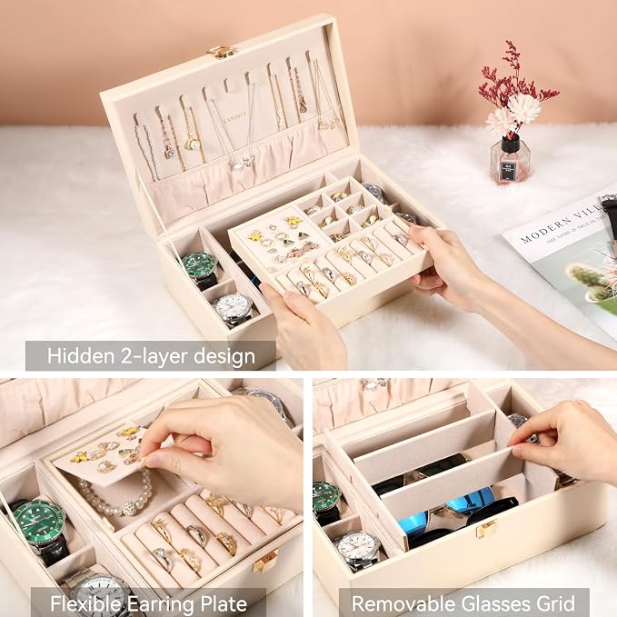 LANDICI Jewelry Box Organizer for Men Women, 2 Layer 4 Slot Watch Storage Case with Removable Tray, PU Leather Large Jewellery Holder Display for Watches Sunglasses Rings Earrings Necklace, Apricot