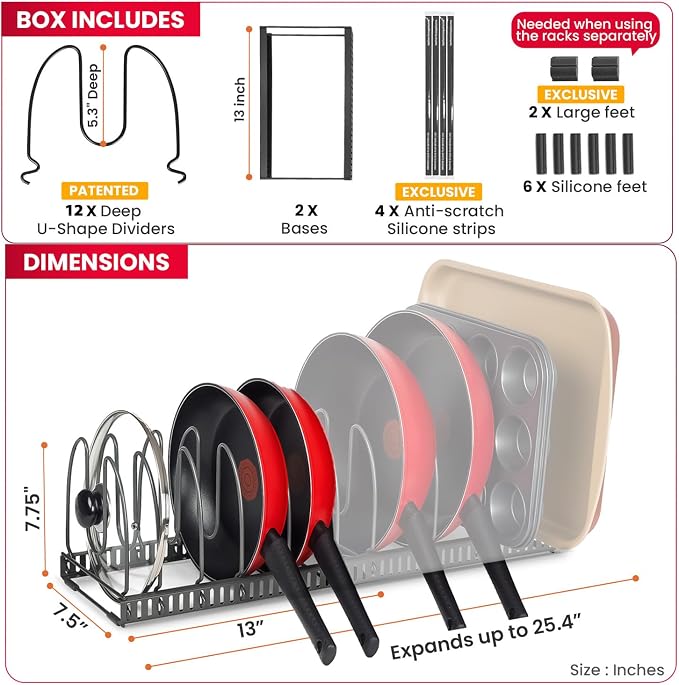 Better Things Home 7.5” Wide 12-Slot Adjustable Large Pan and Pot Lid Organizer with Scratch-Free Pads, Expandable Pot Lid Holder Rack for Cabinet, Pots and Pans Organizer Inside Cabinet
