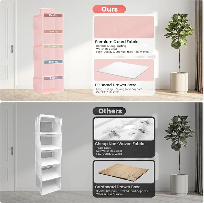 Weekly Clothes Organizer for Kids, 5-Shelf Kid Hanging Closet Organizer w/ 6 Side Pockets, Labeled Weekly Outfit Organizer for Kids, Days of The Week Clothes Organizer Monday Through Friday Pink