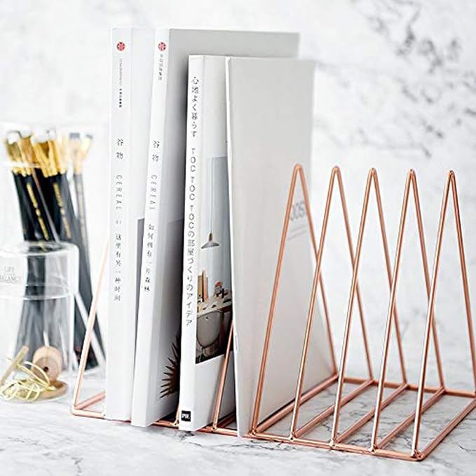 Rose Gold Metal Vinyl Record Holder,Vertical Record Player Holder,File Organizer for Desk,Desktop File Sorters,Paper Organizer and Record Holder Stand,Triangle Upright 9 Lattice Vinyl Rack Stand,1Pack
