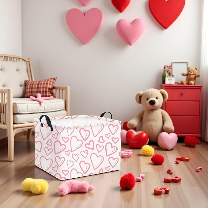 Rectangular Valentines Basket for Home Kitchen Girls Cute Kids Storage Bin Organizer Shelf Book Room Decor(Pink Line Hearts)