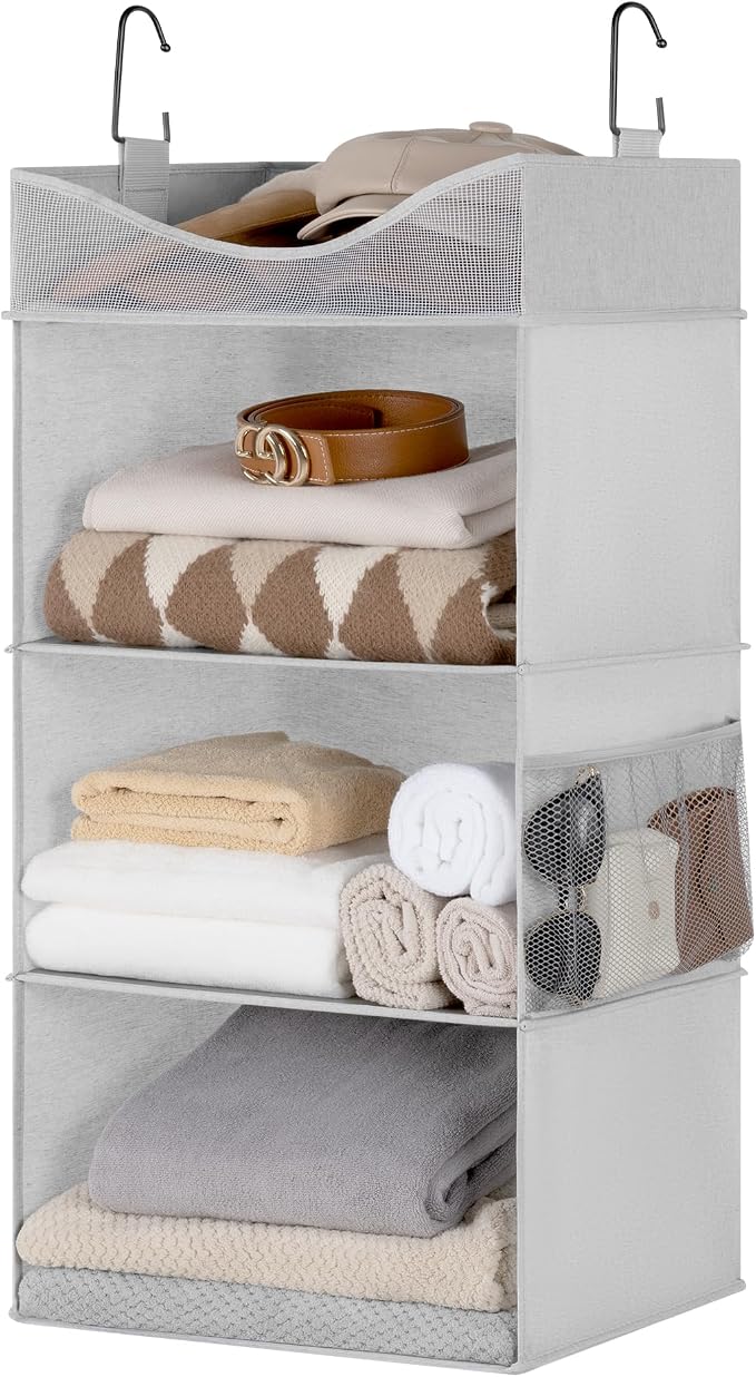 StorageWorks Hanging Closet Organizer, 3-Shelf Hanging Closet Shelves with Top Shelf, 15 ¾"W x 12" D x 31" H, Extra-Large Space, Light Grey