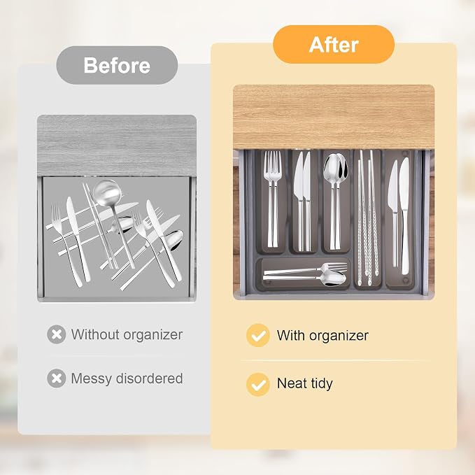 Gray Silverware Organizer with Lid,6 Compartment Flatware Organizer | Plastic Utensil Drawer Organizer for Kitchen and Countertop, Silverware Tray for Knives Forks Spoons Holder Case 12.6x11.8In