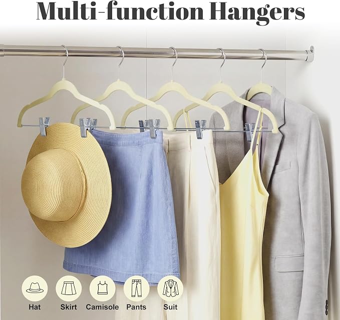 HOUSE DAY Velvet Skirt Hangers 24 Pack, Beige Velvet Pant Hangers with Adjustable Clips, Space Saving Slim Shorts Hanger, Heavy Duty Non Slip Clip Hanger for Pants, Skirts, Shorts