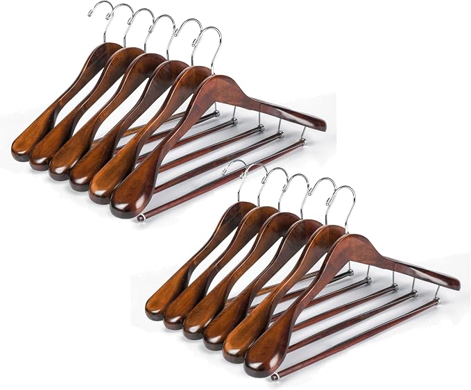 Luxury Wide Shoulder Wooden Hangers 30 Pack, with Locking Bar, Smooth Retro Finish Wood Suit Hanger Coat Hanger for Closet, Holds Upto 20lbs, 360° Swivel Hook, for Jacket, Dress Heavy Clothes Hangers