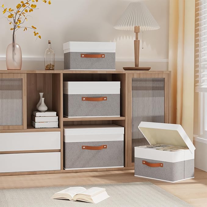 Storage Bins with Lids,White/Grey Baskets,5Pack,13x9.1x7.9In | Storage Baskets with Handles,Fabric Clothing Boxes, Collapsible Organizer,Closet Container Cubes for Shelves Wardrobe
