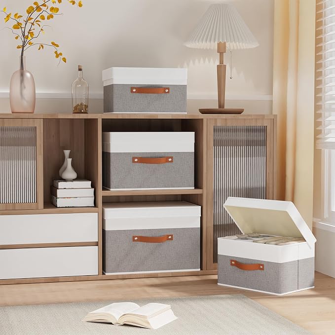Storage Bins Organizers,White/Grey Baskets,3Pack,17.7x11.8x11.8In | Storage Baskets with Handles,Fabric Clothing Boxes, Collapsible Organizer,Closet Container Cubes for Shelves Wardrobe