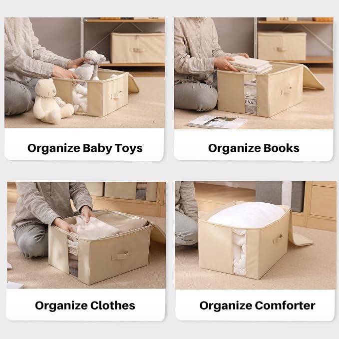 Under Bed Storage Containers Bags for Clothes, Blanket, Comforters Organizer with Clear window - 600D Cationic Fabric (M(21.7x16.5x7in) for under bed storage, Beige)