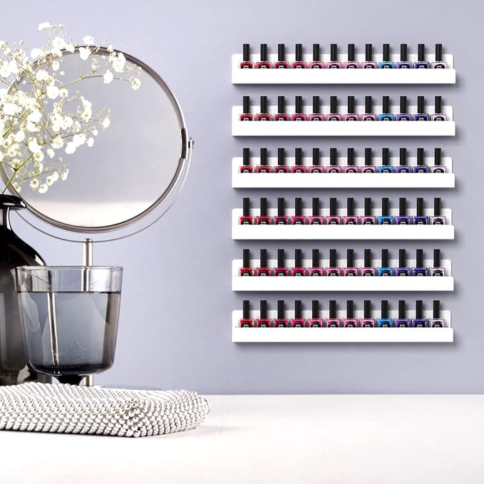 FEMELI Nail Polish Wall Rack: 6 Shelves 15 Inch White Acrylic Nail Polish Holder Organizer for 66-90 Bottles, Multi-Purpose Acrylic Floating Shelves (15 Inch, White)