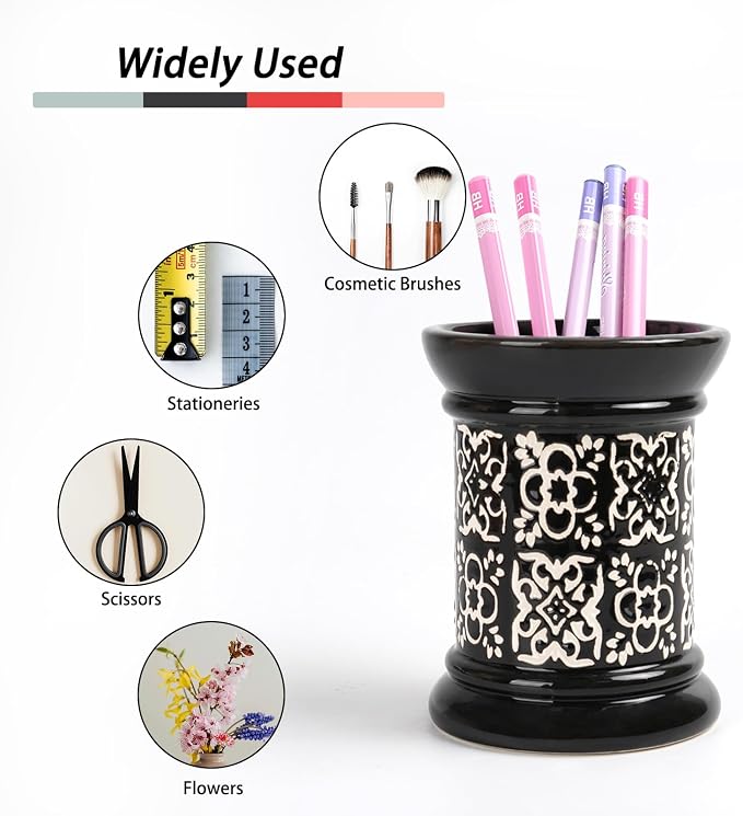 Printed Pencil Holder, Cute Pen Holder for Desk, Ceramic Carved Cylinder Pencil Holder, Office Decoration Container Islamic Style(Black)