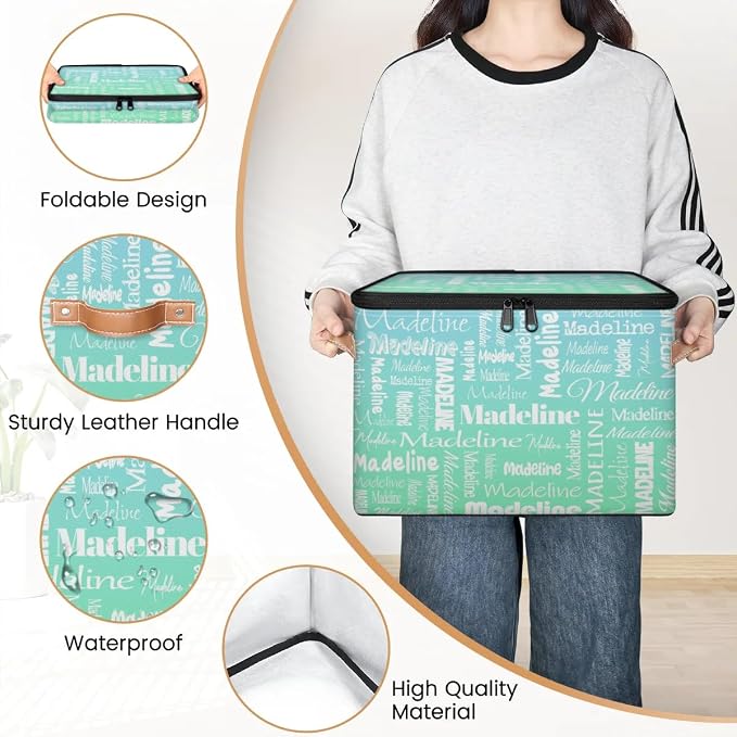 Custom Storage Basket with Name, Personalized Keepsake Box with Zipper Lid, Foldable Fabric Memory Bin Large capacity with Handle Bright Green Blue