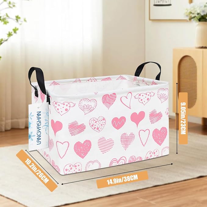 Rectangular Collapsible Angel Heart Storage Basket Nursery Toy Organizer | Storage Bin Foldable Canvas with Handles for Organizing Home Kitchen Children Toys Office Closet Shelf Baskets