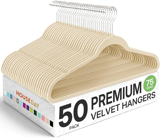 HOUSE DAY Premium Velvet Hangers 50 Pack, Non-Slip Flocked Felt Hangers, Sturdy Clothes Hangers with 360° Rotatable Hook, Heavy Duty Coat Hanger, Durable Slim Beige Hanger for Closet Space Saving