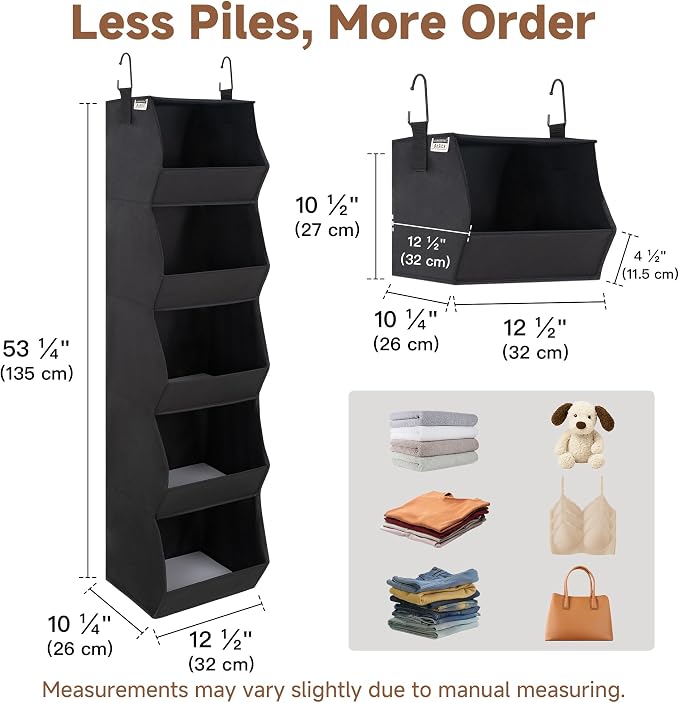 StorageWorks Basics Hanging Closet Organizer, 5-Shelf Wide Trapezoid Closet Shelves with Reinforced Anti-Sagging Support for Sweaters, Hoodies and Handbags, Foldable Storage Organizer, Black