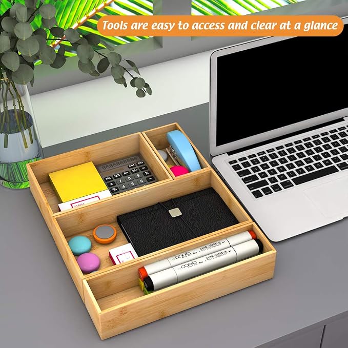 Bamboo Kitchen Drawer Organizer, Wooden Storage Box for Utensil Organizer Silverware Tray Cutlery Holder Flatware Containers - Multi-Use Deep Drawer Dividers Organizer for Bathroom, Jewelry, 12"3"2.5"