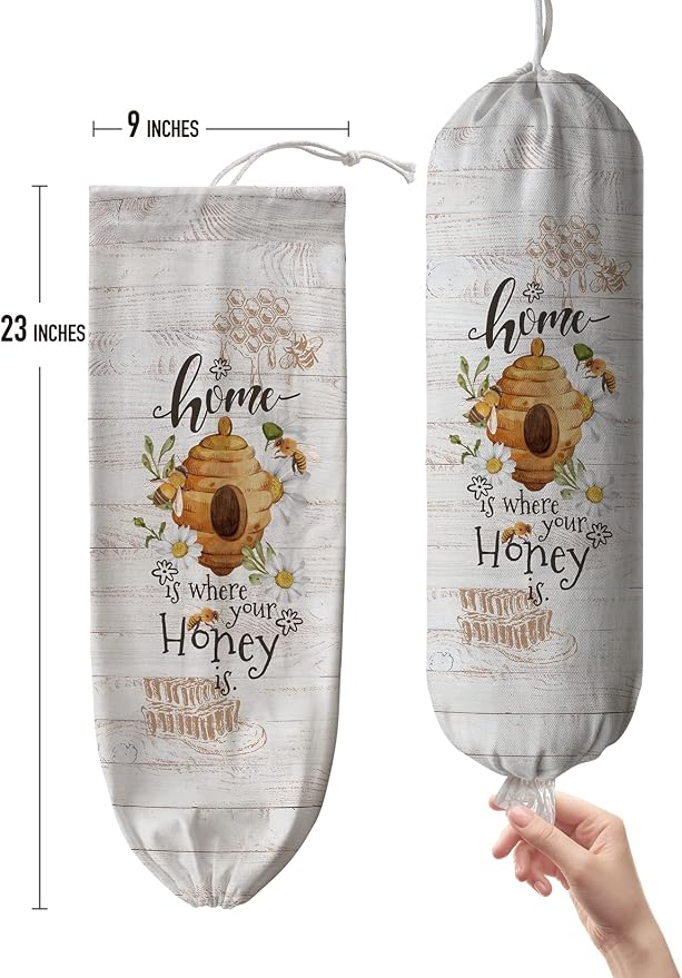 Hglian Bee Grocery Bag Holder,Plastic Bags Organizer Storage Farmhouse Kitchen Décor-Home is Where Your Honey is