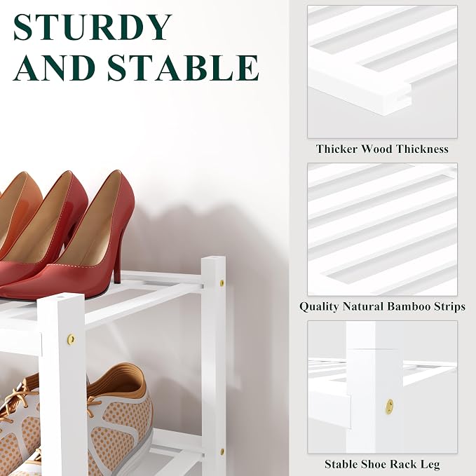 Smiry Bamboo Shoe Rack for Closet, 3 Tier Small Wooden Shoe Organizer, Stackable Wood Shoe Storage Shelf for Entryway, 14 Vertical Slats, One-piece Heavy-Duty Legs, 17.32"x11.02"x18.31", White