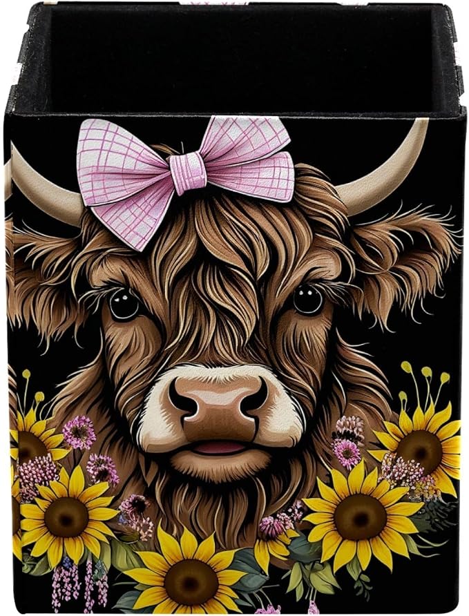 Pen Holder for Desk, Highland Cow Sunflower Pencil Holder, Pen Cup Functional Desk Organizer for Office Supplies
