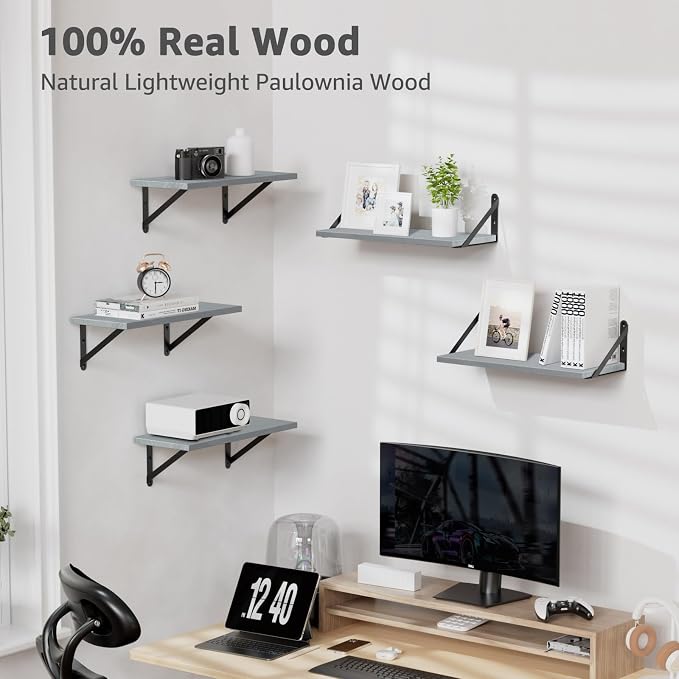 COCOYA Wall Shelves 7.3" Deep Solid Paulownia Wood (Grey, Set of 4) | 15mm Thick, Wider & Longer & Stronger, Easy to Install, Floating Shelf for Room Wall, Bedroom, Office, Decor & Storage