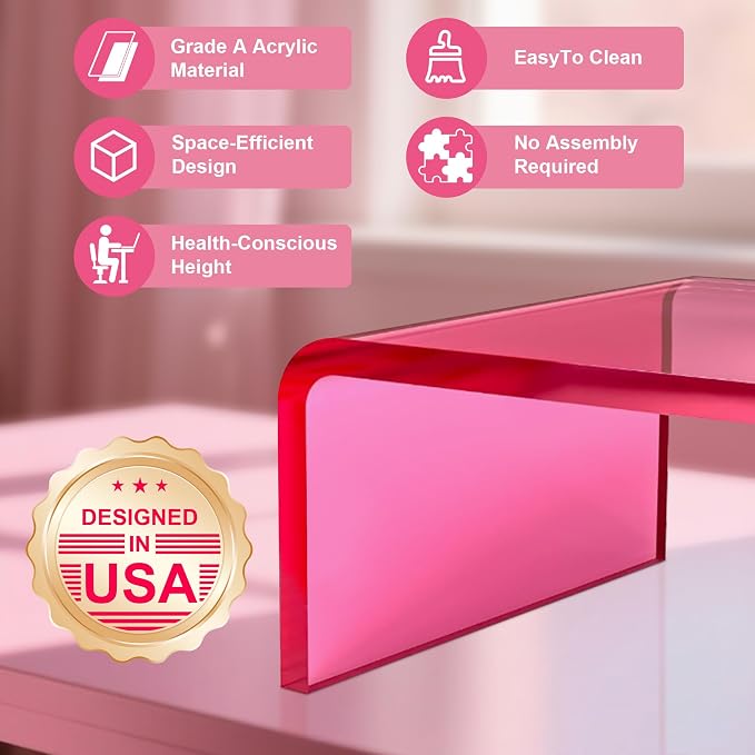 Acrylic Monitor Stand Riser L15''xW7.5''xH4'' Acrylic Laptop Stand Riser for Desk Clear Computer Monitor Stand for Desk Office Organizer for Office Home Bright Pink