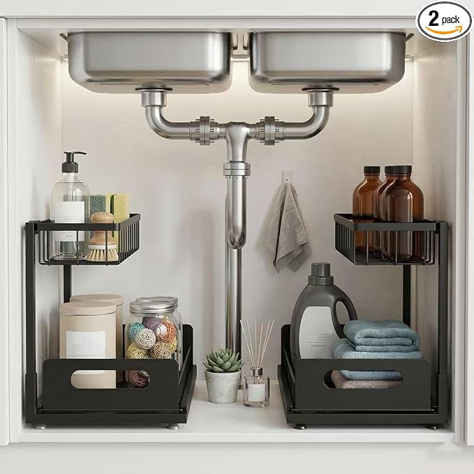 Sturdy Metal Under Sink Organizer 2 Tier, Pull Out Drawer Slides Under Sink Storage for Bathroom Kitchen, Multi-Purpose Iron Under Cabinet Organizer for Cleaning Supplies (Black, 2 Pack)