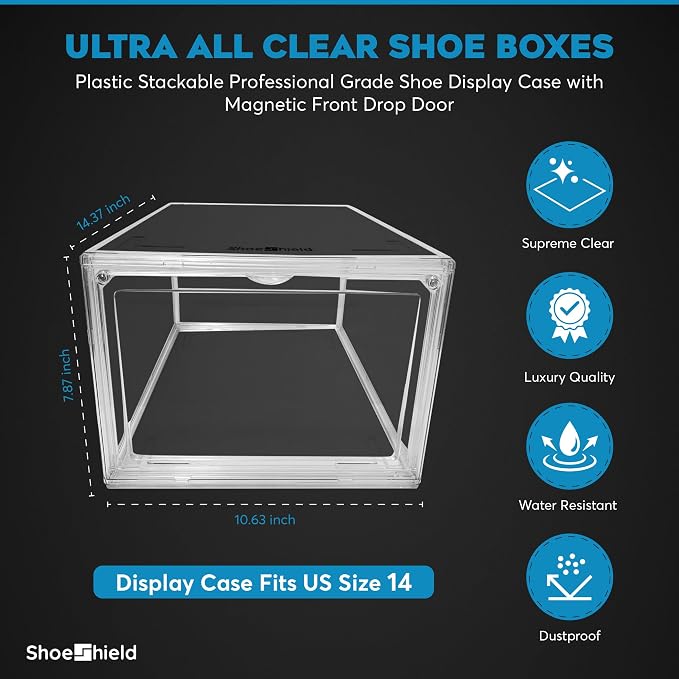 Ultra All Clear Shoe Boxes Plastic Stackable Professional Grade Shoe Display Case with Magnetic Front Drop Door Open Easy Assembly Modern Shoe Sneaker Display Case Fits US Size 14