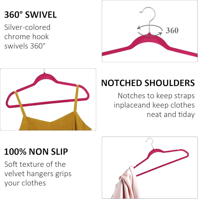 VECELO Premium Velvet Clothes Hangers Suit Heavy Duty (50 Pack)-Non Slip & Space-Saving with 6 Finger Clips & Tie Rack Excellent for Men and Women,Rose Red