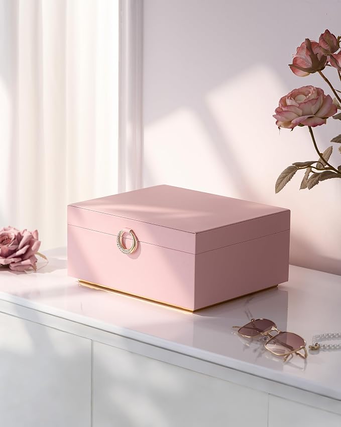 pickpiff 2 Layer Jewelry Box Organizer for Women, Jewelry Organizer with Handle & Removable Tray, Necklace Holder Ring Earring Storage, Velvet Lined Jewelry Case for Home or Travel, Gift Ready, Pink