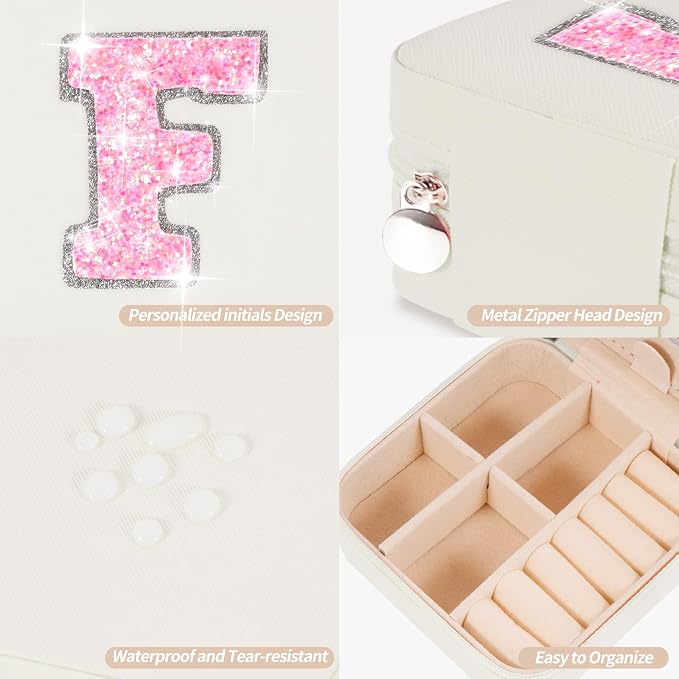 Uygafly Personalized Jewelry Case for Women Girls - Fashion Mini Jewelry Boxes - Trendy Travel Jewelry Organizer with Initials Letter - Teen Gifts | Cream,F