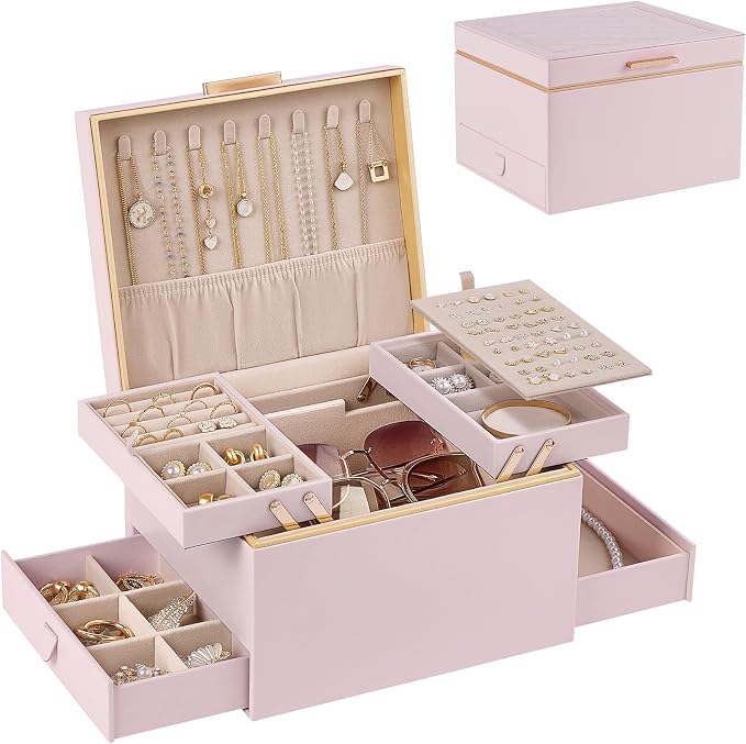 Lolalet Jewelry Box Organizer for Women Girls, 2 Layer Jewelry Organizers and Storage for Necklace Earrings Rings Bracelets, Large Jewellery Holder Case Birthday Gifts -Pink