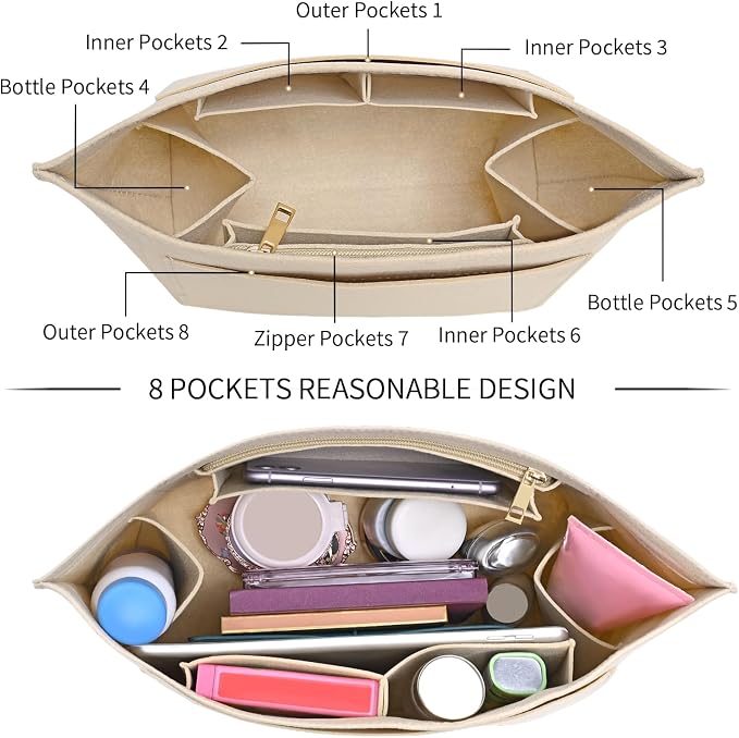 LOUKAYCCI Purse Organizer Insert for Longchamp Le Pliage M Handbag Insert Felt Long Champ Tote Bag Organizer Insert with Cup (Beige, Medium)
