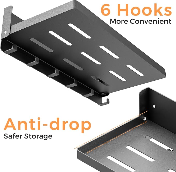 Small Folding Metal Shelf with Hooks, RV Fold-Down Wall Shelf, 6 Hooks, Drop Down Floating Shelf for Laundry Room, Kitchen, Bedside, Toilet Room, Bathroom, Utility, Black（11.8", 1 Pack）