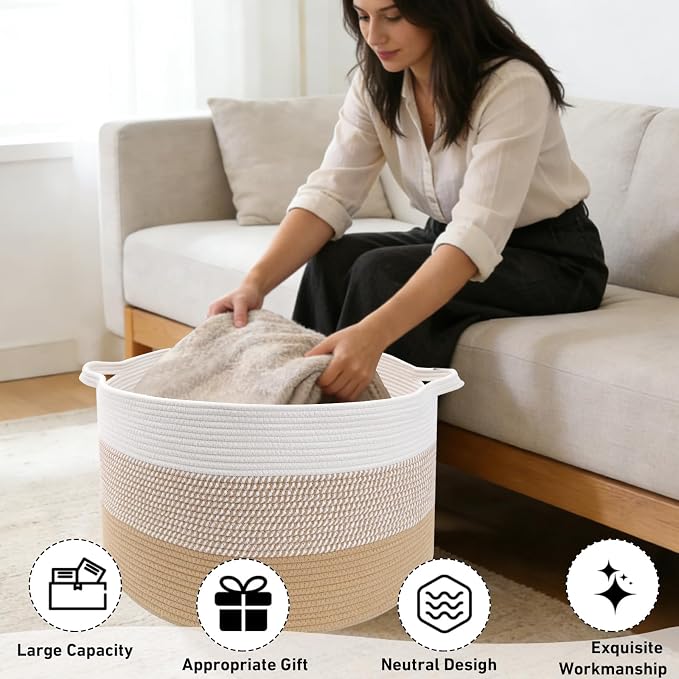 65L Large Blanket Basket, 19.7" L x 19.7" W x 13" H Cotton Rope Woven Storage Basket,Laundry Hamper for Toys, Clothes, Pillows & Towels, Perfect for Living Room, Nursery & Bedroom,Yellow