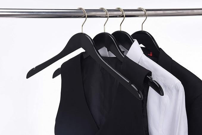 Quality Semi Curved Black Wooden Suit Hangers, 80-Pack Smooth Finish Solid Wood Coat Hanger with Swivel Hook, Jacket, Pant, Dress Clothes Hangers (Black - Gold Hook, 80)