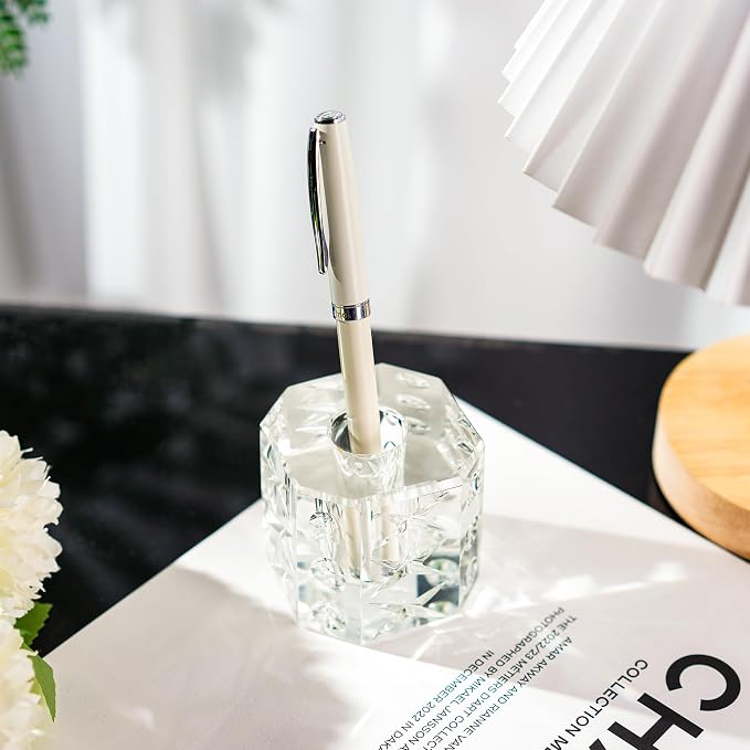 QFkris Fancy Crystal Single Pen Holder for Desk, Glass Fountain Pen Stand, 2.2" Feather Pencil Holder for Office Desktop Decoration, Gift for Man Woman Students Teachers Father Boyfriend