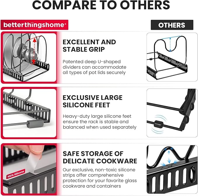 Better Things Home 7.5” Wide 12-Slot Adjustable Large Pan and Pot Lid Organizer with Scratch-Free Pads, Expandable Pot Lid Holder Rack for Cabinet, Pots and Pans Organizer Inside Cabinet
