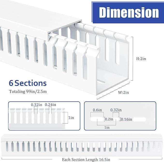 ZhiYo 2 x 2in Professional Server Rack Cable Management Raceway, 99in (6X L16.5in) Cable Raceway Kit, Electrically Safe PVC Open Slot Wire Raceway for Under Desk/Computer/Network Cords, White