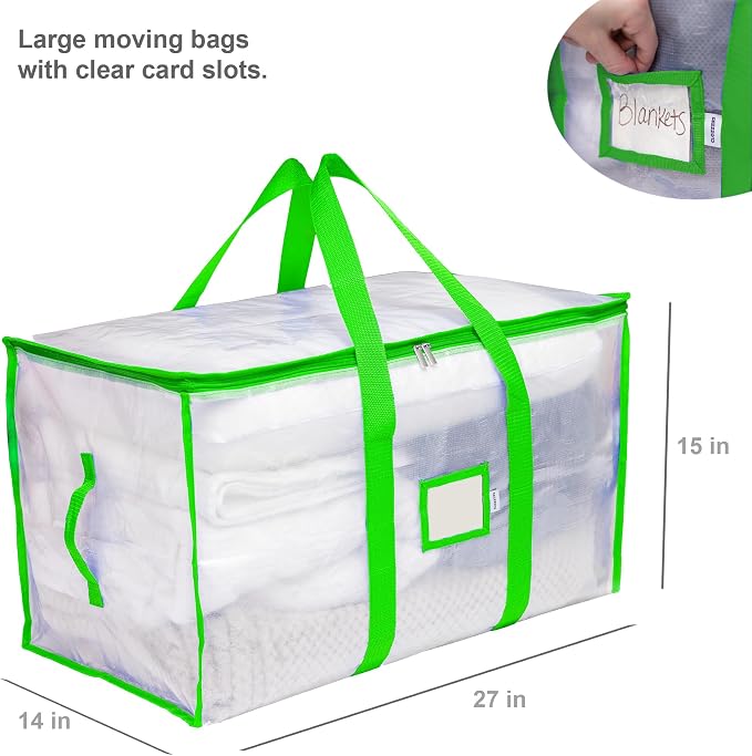 Storage and Moving Bags - Heavy Duty, Dust Protection and Water Resistant, Durable Zipper Closure and Sturdy Handles Best Moving Boxes Alternative (Green, 4 Pack)
