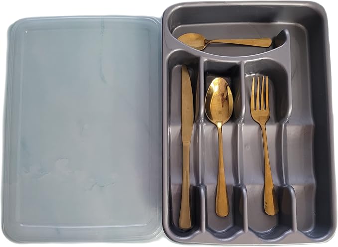 BLACK PEARL Utensil and Silverware Organizer tray for drawer with cover -Cutlery Flatware Organizer with lid - for kitchen drawer, BBQ, picnic, Covered flatware tray,5 Compartments - Plastic (SILVER)