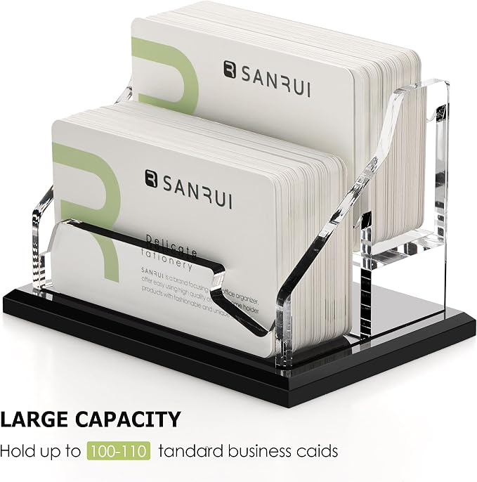 SANRUI Black Business Card Holder for Desk 2 Slot , Clear Acrylic Horizontal Name Card Stand for Women and Men, Desktop Organizer Display for Office Home Exhibition - 120 Card Capacity 1 Pack