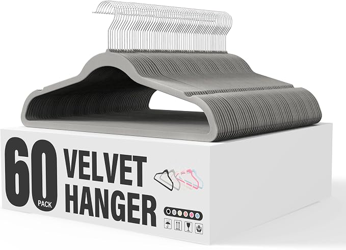 YSSOA Velvet Hangers 60 Pack, Non-Slip Clothes Hangers with Shoulder Notches, 360° Swivel Hooks, Heavy Duty Standard Hanger for Closet Space Saving, Grey
