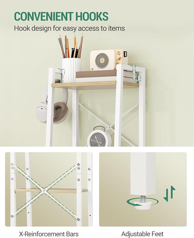 Hzuaneri Ladder Shelf, Bookshelf Bookcase, Freestanding Corner Storage Shelve with 2 Hooks for Home Office, Living Room, Kitchen, Bedroom, Industrial, 11.8" D x 13.4" W x 47.2" H, White Oak and White