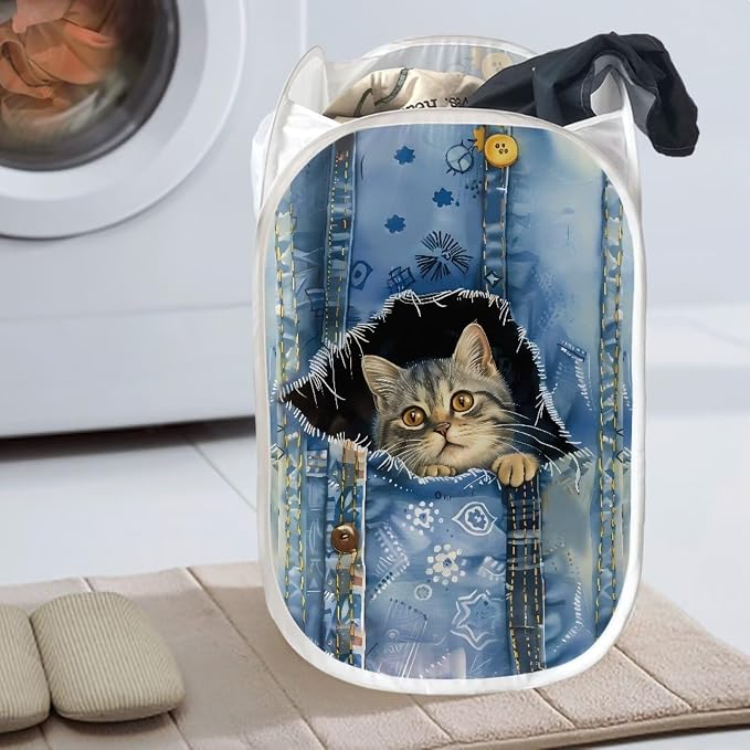 AFPANQZ Cute Denim Cat Mesh Popup Laundry Hampers Foldable Portable Dirty Clothes Basket Organizer Collapsible Hamper for Bedroom, Kids Room,College Dorm and Travel 61L